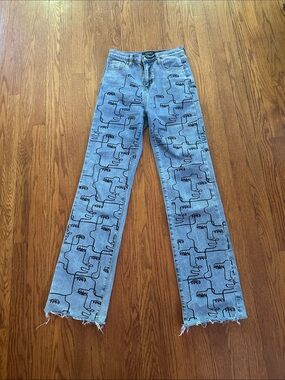 AKIRA Light Blue Denim Flare Jeans with Black Hand-Drawn Print
